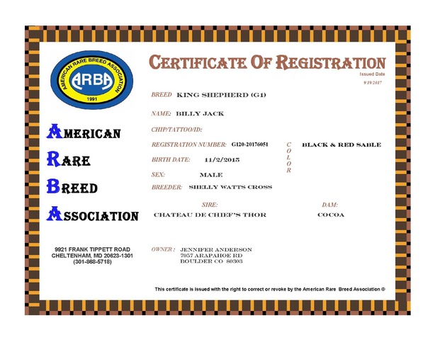 ARBA CERTIFICATE BILLY JACK