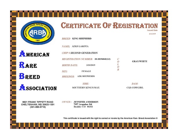 ARBA CERTIFICATE AZKS LAKOTA