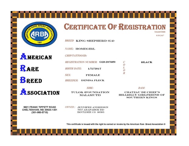 ARBA CERTIFICATE FOR HOMEGIRL